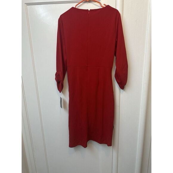 Women's Tahari ASL Red Knit Long Sleeve Side Knot Career Sheath Dress 14 - Picture 5 of 7